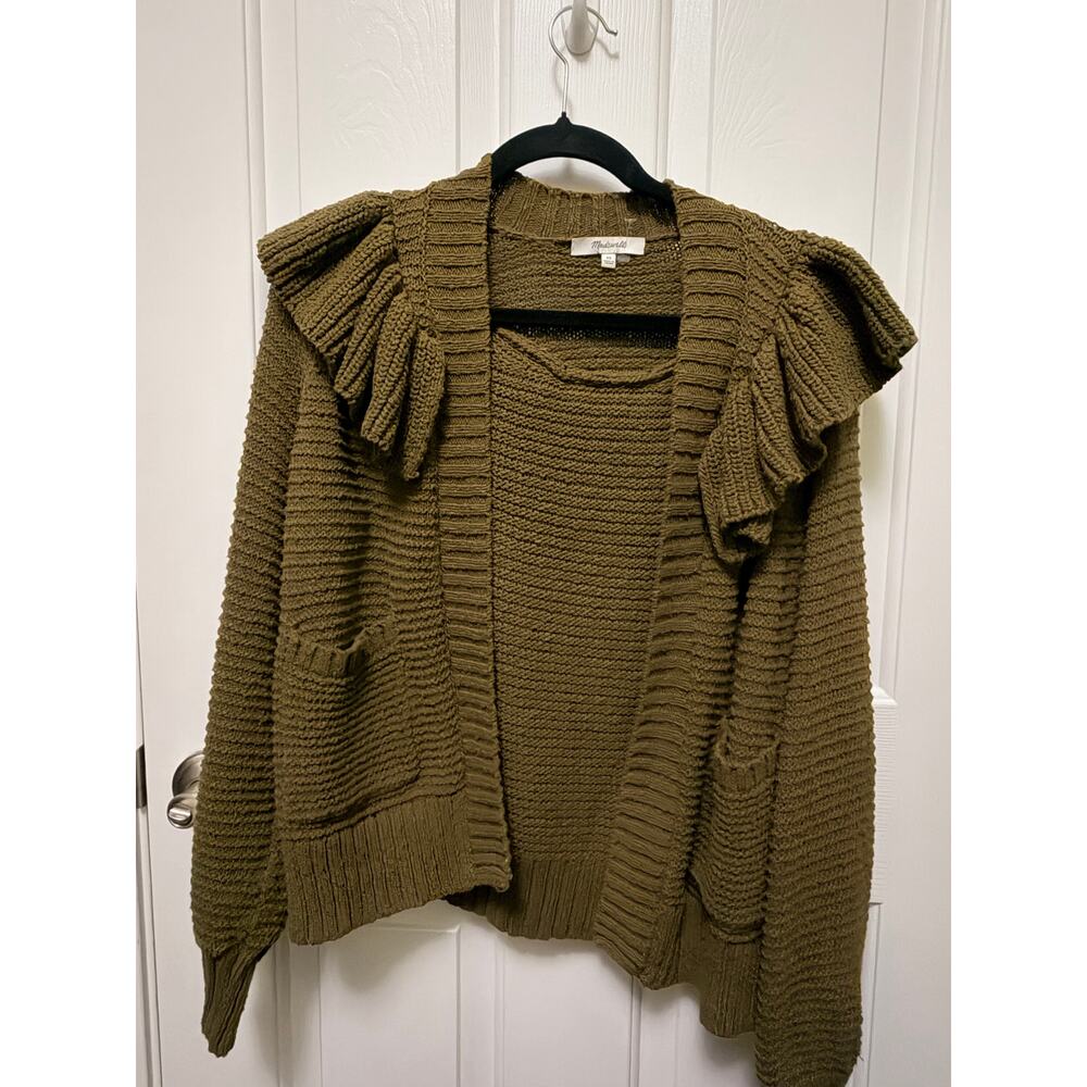 Madewell Ruffle Shoulder Olive Cardigan Sweater XS Chunky Knit Open Front